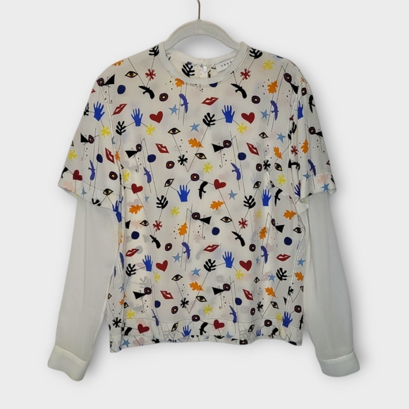 Sandro Paris Long Sleeve Silk Tee L Tattoo Graffiti Print - Picture 1 of 8